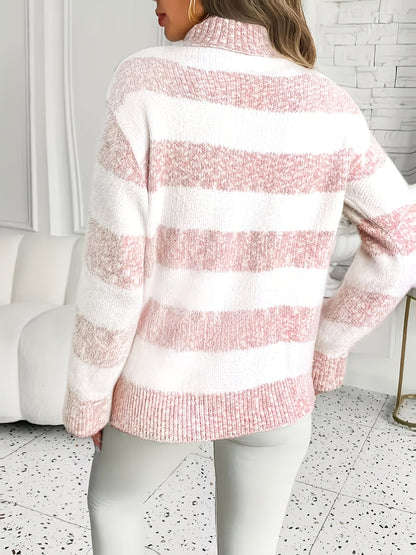 Suéter a Rayas Cómodo para Mujeres con Cuello Alto, Manga Larga, Estilo Relajado y Oversized