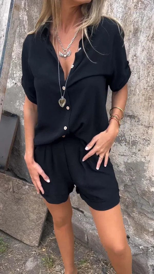 Conjunto de Dos Piezas de Lino Sin Esfuerzo para Mujeres con Cuello en V, Mangas de Codo y Pantalones Cortos Plisados de Estilo Relajado