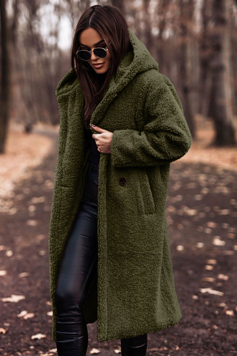 Abrigo de Piel de Oveja Sin Esfuerzo para Mujeres con Cuello con Capucha, Manga Larga, Estilo Oversized y Largo