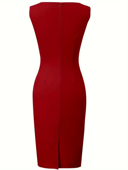 Vestido Midi Ajustado Elegante para Mujeres con Escote en V, Sin Mangas y Cintura Cruzada Estilo Cóctel