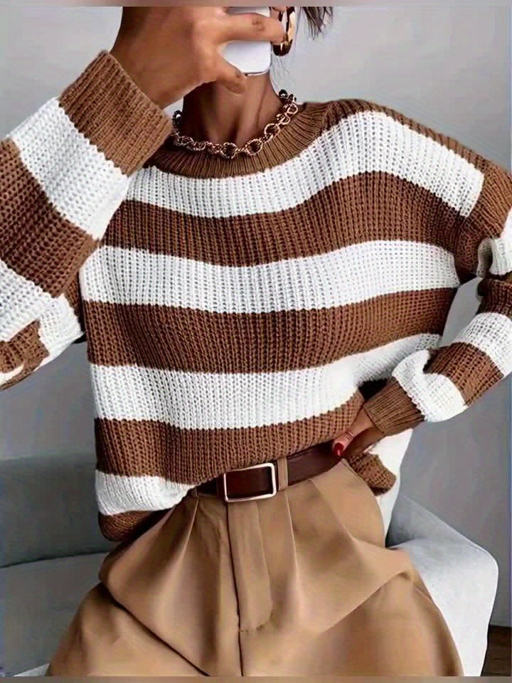 Suéter a Rayas Cómodo para Mujeres con Cuello Redondo, Manga Larga, Estilo Relajado y Oversized