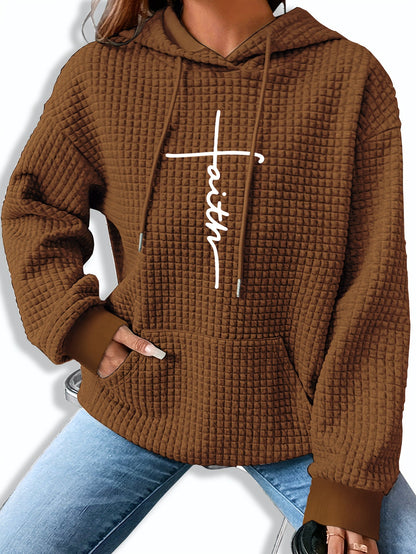 Sudadera gráfica de punto waffle cómoda para mujeres con capucha ajustable, de manga larga y estilo oversized