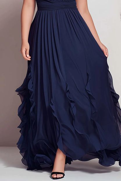 Elegante Vestido Maxi Azul Marino para Mujeres con Escote en V, Tirantes con Volantes y Cintura Fruncida para Invitadas de Boda
