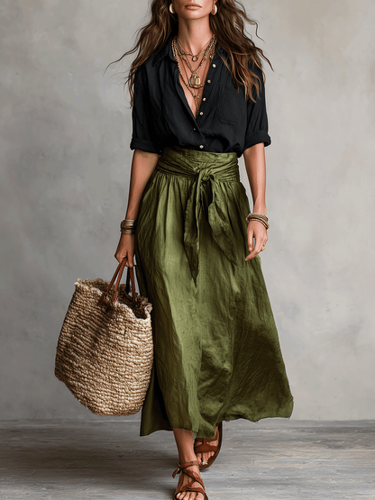 Conjunto de Falda Maxi de Lino Sin Esfuerzo para Mujeres con Manga de Codo y Cuello, Cintura Ajustable, Estilo Bohemio