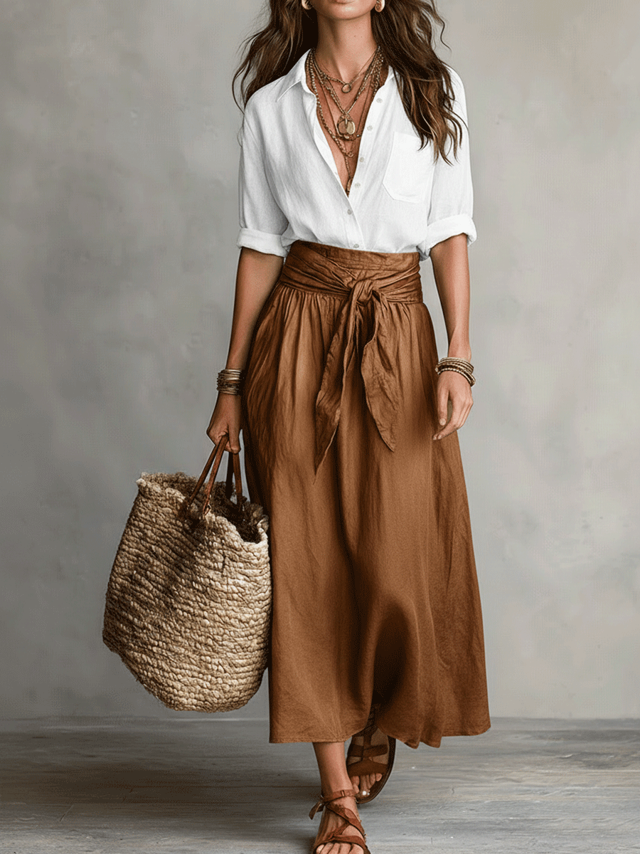 Conjunto de Falda Maxi de Lino Sin Esfuerzo para Mujeres con Manga de Codo y Cuello, Cintura Ajustable, Estilo Bohemio