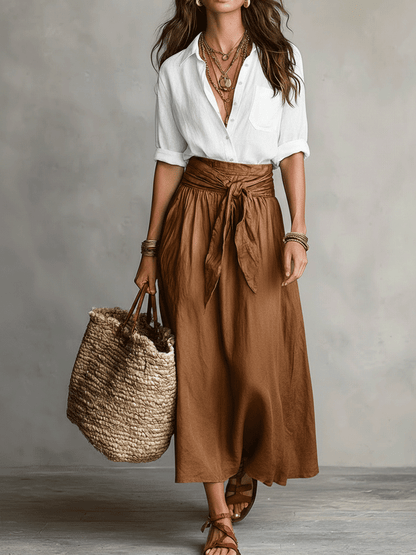 Conjunto de Falda Maxi de Lino Sin Esfuerzo para Mujeres con Manga de Codo y Cuello, Cintura Ajustable, Estilo Bohemio