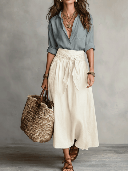Conjunto de Falda Maxi de Lino Sin Esfuerzo para Mujeres con Manga de Codo y Cuello, Cintura Ajustable, Estilo Bohemio