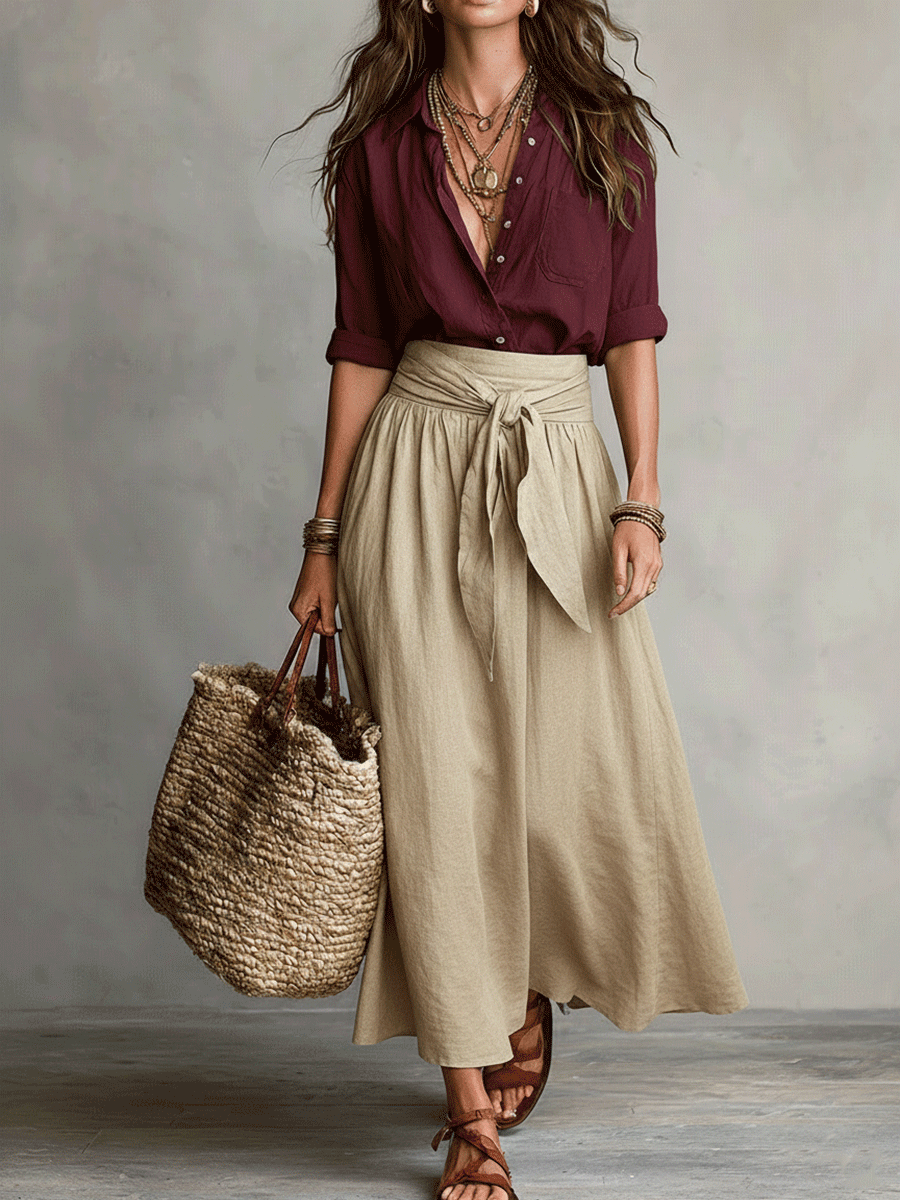 Conjunto de Falda Maxi de Lino Sin Esfuerzo para Mujeres con Manga de Codo y Cuello, Cintura Ajustable, Estilo Bohemio