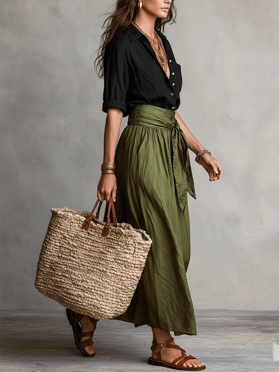 Conjunto de Falda Maxi de Lino Sin Esfuerzo para Mujeres con Manga de Codo y Cuello, Cintura Ajustable, Estilo Bohemio