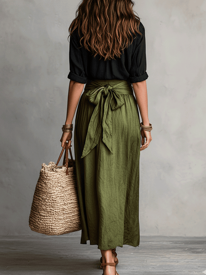 Conjunto de Falda Maxi de Lino Sin Esfuerzo para Mujeres con Manga de Codo y Cuello, Cintura Ajustable, Estilo Bohemio