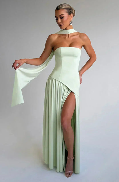 Vestido Maxi Elegante Drapado para Mujeres con Corbata de Cuello Sin Tirantes, Espalda de Corsé y Alta Abertura en Estilo Fluido