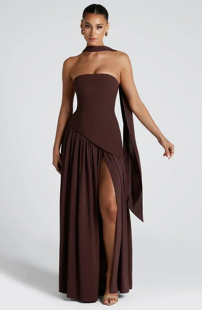 Vestido Maxi Elegante Drapado para Mujeres con Corbata de Cuello Sin Tirantes, Espalda de Corsé y Alta Abertura en Estilo Fluido