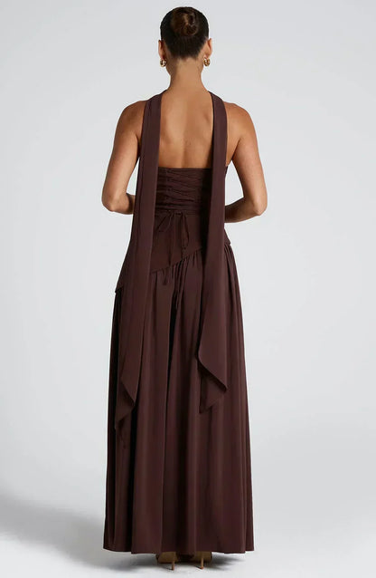 Vestido Maxi Elegante Drapado para Mujeres con Corbata de Cuello Sin Tirantes, Espalda de Corsé y Alta Abertura en Estilo Fluido