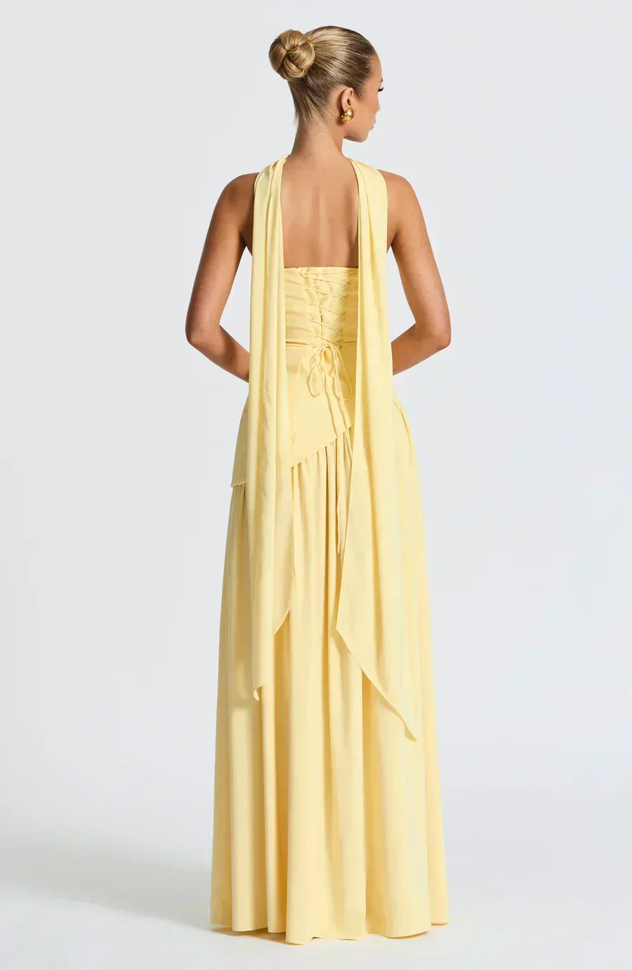 Vestido Maxi Elegante Drapado para Mujeres con Corbata de Cuello Sin Tirantes, Espalda de Corsé y Alta Abertura en Estilo Fluido
