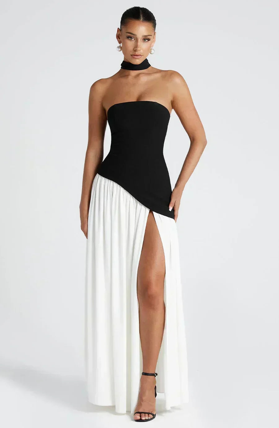 Vestido Maxi Elegante Drapado para Mujeres con Corbata de Cuello Sin Tirantes, Espalda de Corsé y Alta Abertura en Estilo Fluido