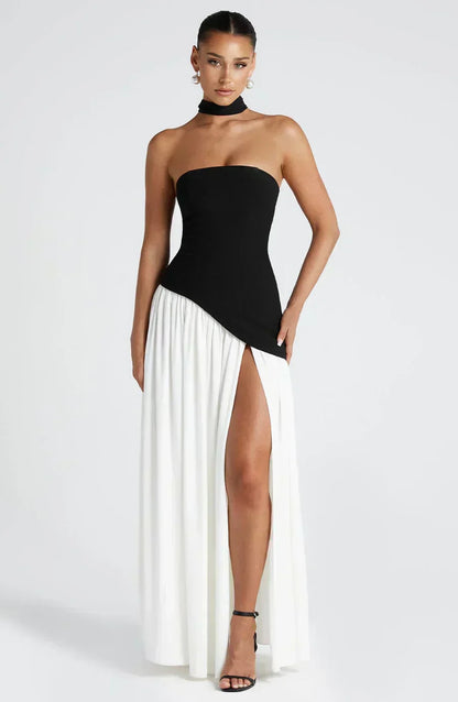 Vestido Maxi Elegante Drapado para Mujeres con Corbata de Cuello Sin Tirantes, Espalda de Corsé y Alta Abertura en Estilo Fluido