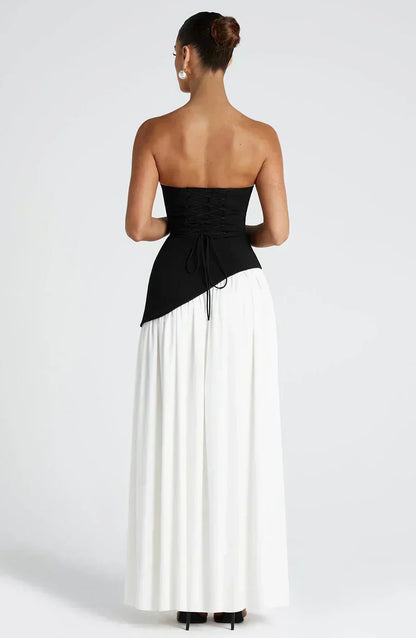 Vestido Maxi Elegante Drapado para Mujeres con Corbata de Cuello Sin Tirantes, Espalda de Corsé y Alta Abertura en Estilo Fluido