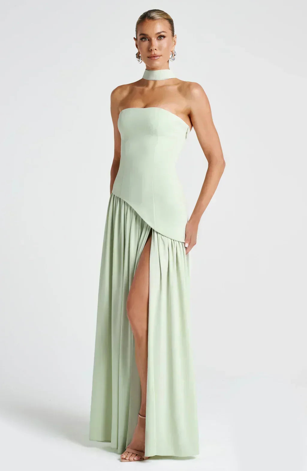 Vestido Maxi Elegante Drapado para Mujeres con Corbata de Cuello Sin Tirantes, Espalda de Corsé y Alta Abertura en Estilo Fluido