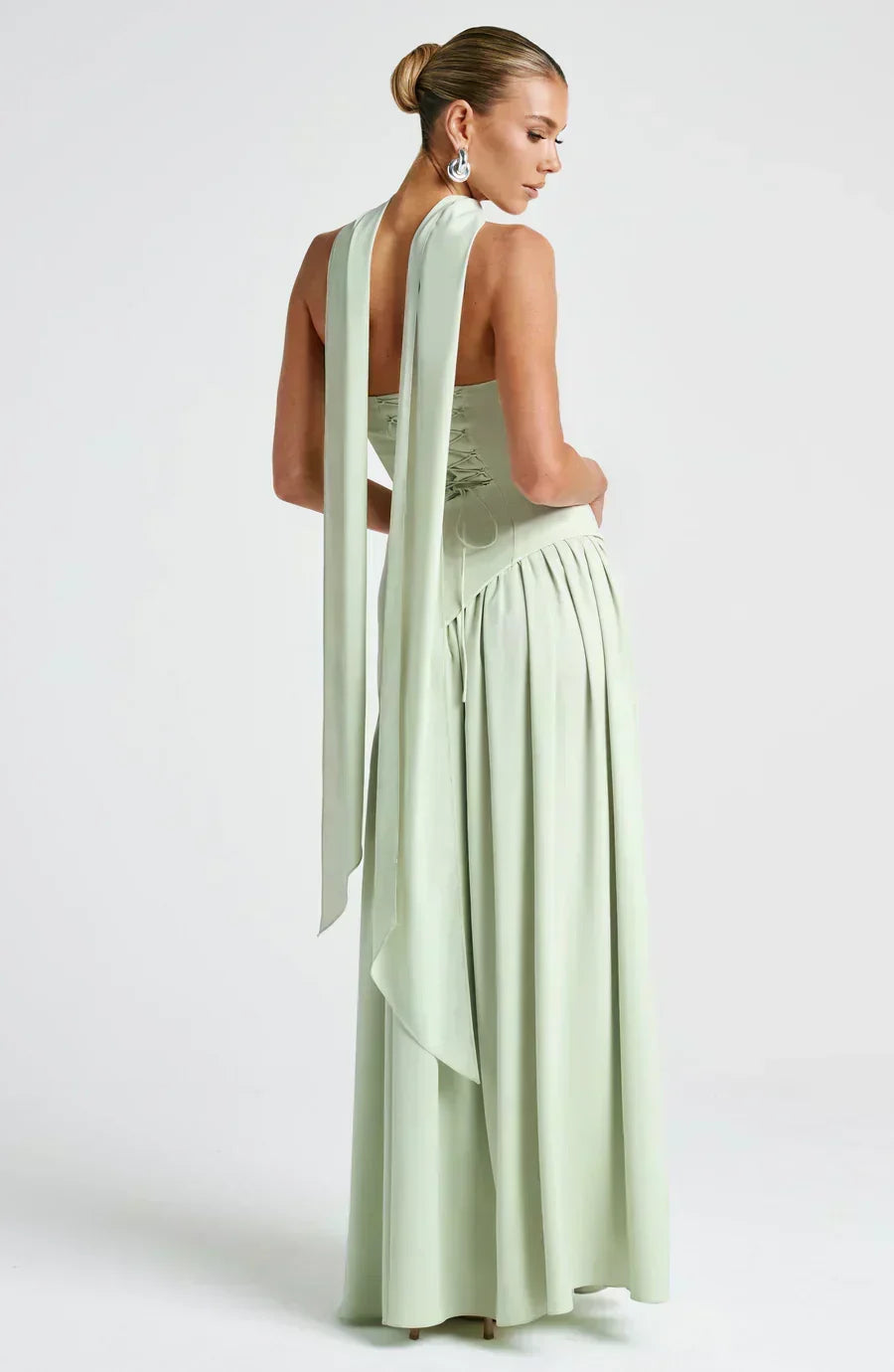 Vestido Maxi Elegante Drapado para Mujeres con Corbata de Cuello Sin Tirantes, Espalda de Corsé y Alta Abertura en Estilo Fluido