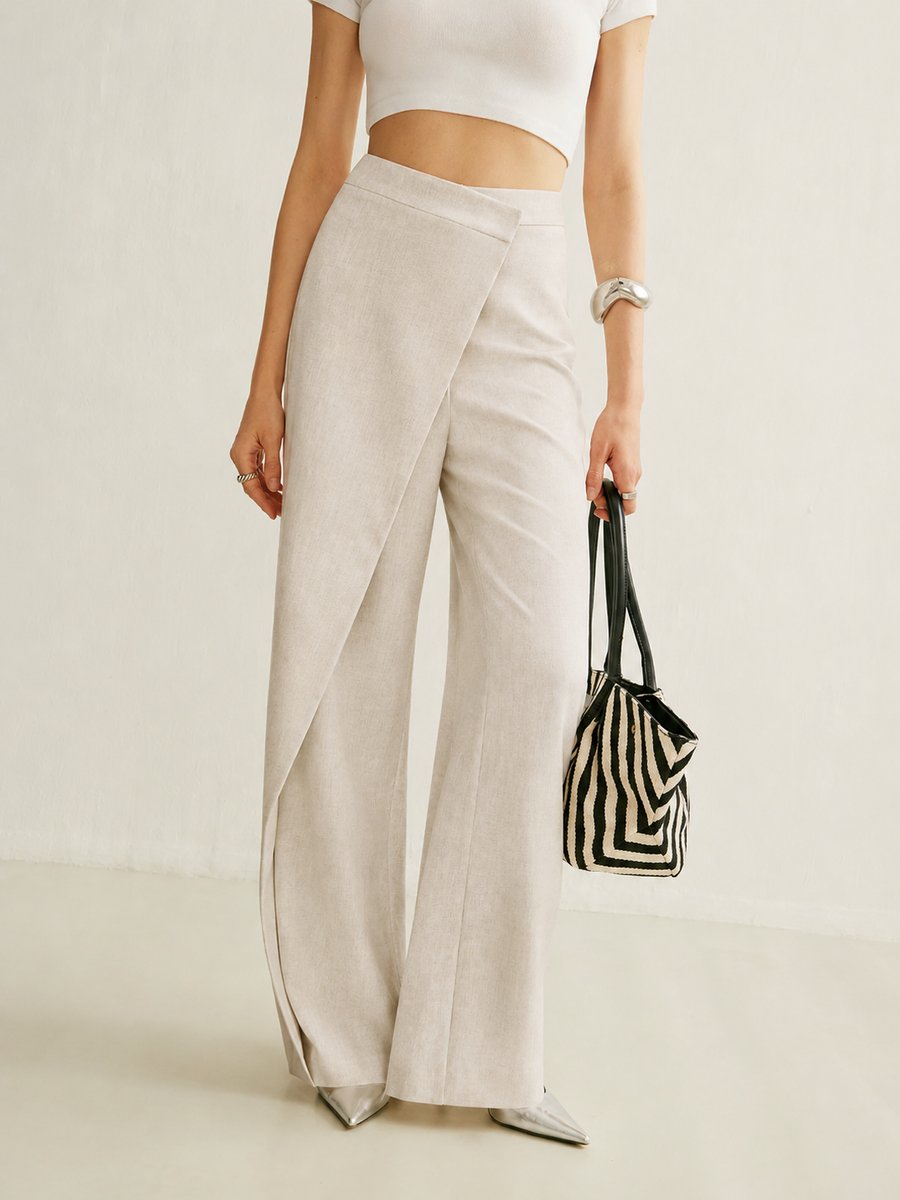 Pantalones Elegantes de Pierna Ancha para Mujeres con Cintura Alta y Superposición de Falda Envolvente de Estilo Fluido