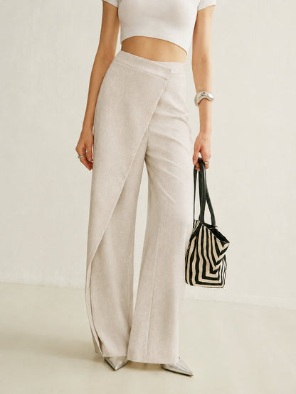 Pantalones Elegantes de Pierna Ancha para Mujeres con Cintura Alta y Superposición de Falda Envolvente de Estilo Fluido