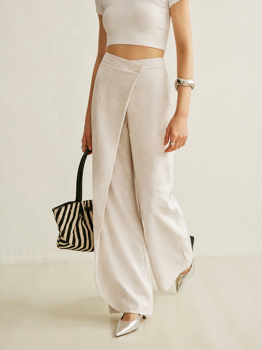 Pantalones Elegantes de Pierna Ancha para Mujeres con Cintura Alta y Superposición de Falda Envolvente de Estilo Fluido