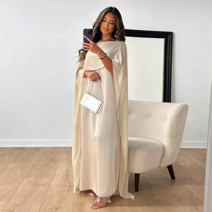 Vestido Maxi Kaftán de Chiffon Elegante para Mujeres con Cuello Barco y Manga Capa en Estilo Fluido