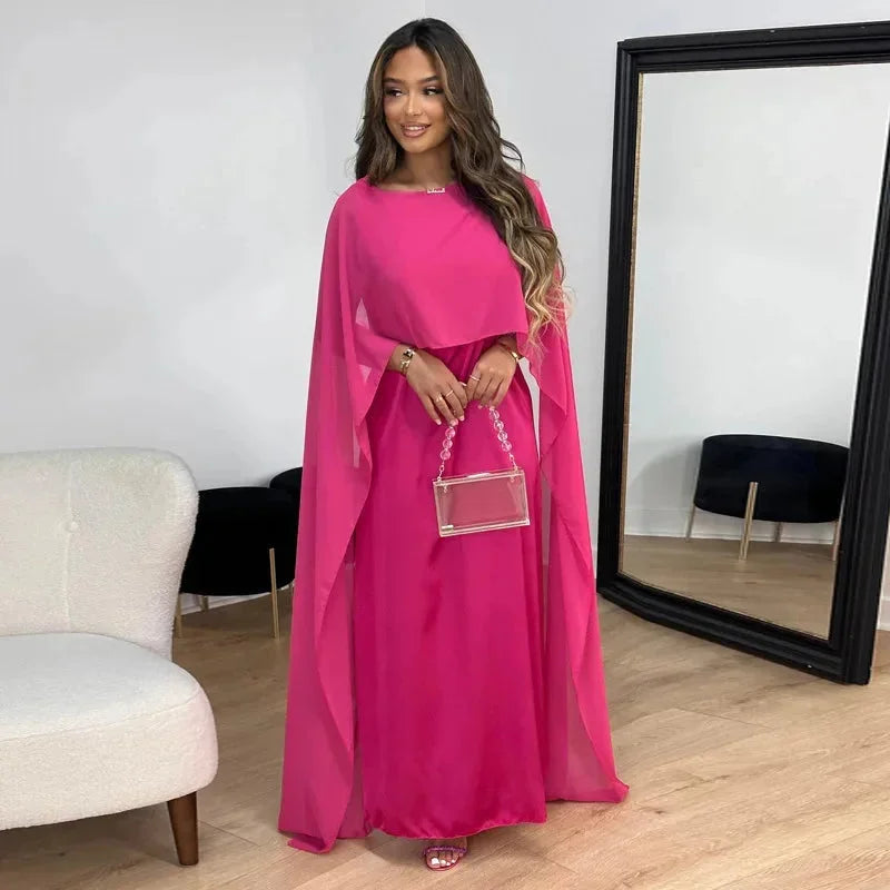 Vestido Maxi Kaftán de Chiffon Elegante para Mujeres con Cuello Barco y Manga Capa en Estilo Fluido