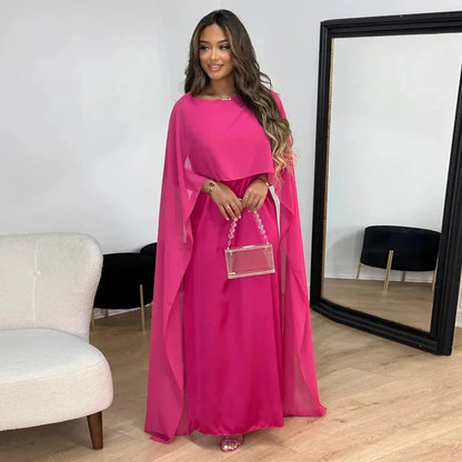 Vestido Maxi Kaftán de Chiffon Elegante para Mujeres con Cuello Barco y Manga Capa en Estilo Fluido