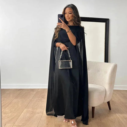 Vestido Maxi Kaftán de Chiffon Elegante para Mujeres con Cuello Barco y Manga Capa en Estilo Fluido