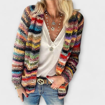 Suéter de Cardigan Rayado Cómodo para Mujeres con Frente Abierto y Mangas Largas de Tejido Grueso Estilo Bohemio