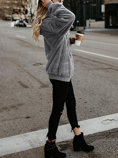 Sudadera cómoda de sherpa gris para mujeres con capucha, manga larga, cremallera de cuarto, estilo holgado y relajado