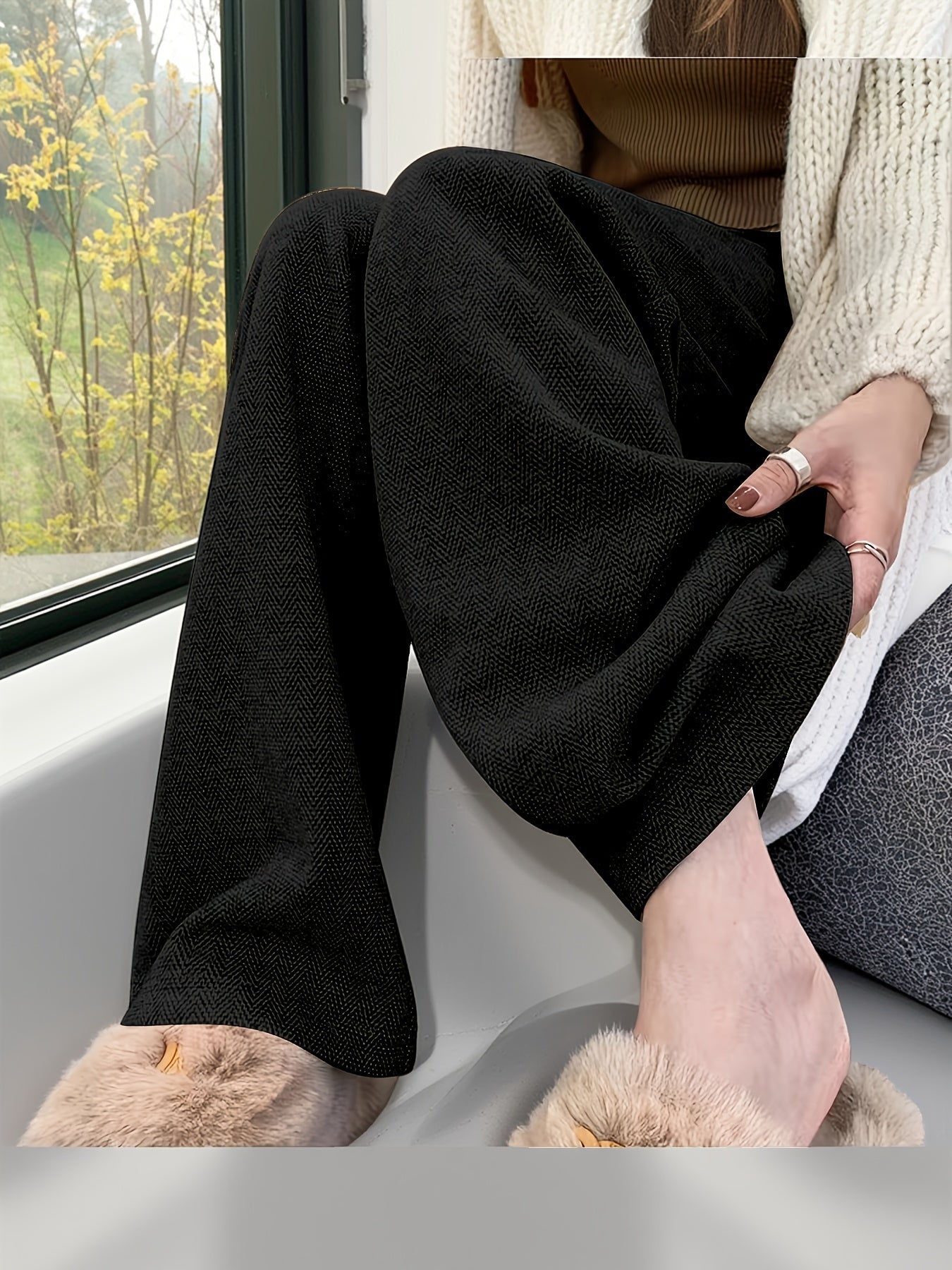 Pantalones Elegantes de Pierna Ancha en Pata de Gallo para Mujeres con Cintura Alta y Cierre de Botón Frontal con Pliegues