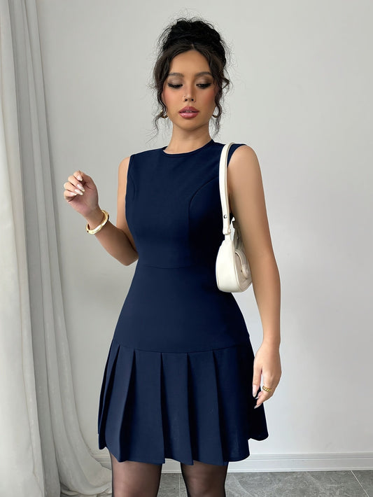 Vestido Mini Plisado Elegante para Mujeres con Cuello Redondo Sin Mangas Estilo Cóctel
