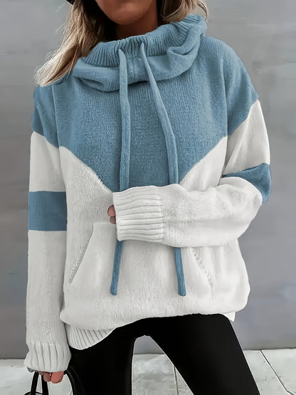 Suéter Colorblock Cómodo para Mujeres con Cuello Cowl de Manga Larga, Estilo Relajado y Oversized