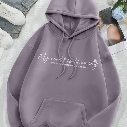 Sudadera gráfica cómoda morada para mujeres con capucha con cordón, de manga larga y estilo oversized relajado