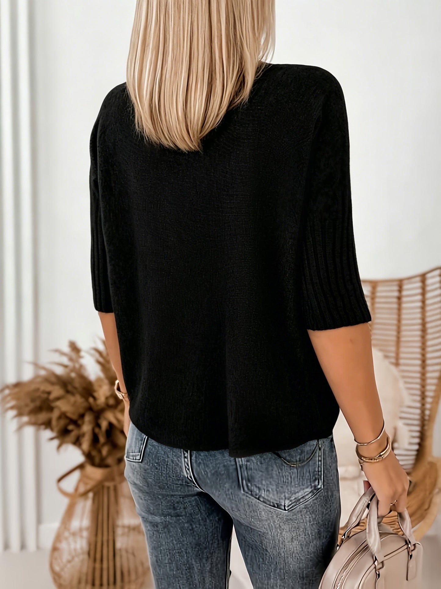 Suéter Acogedor de Canalé para Mujeres con Cuello Alto y Mangas de Codo, Estilo Relajado y Oversized