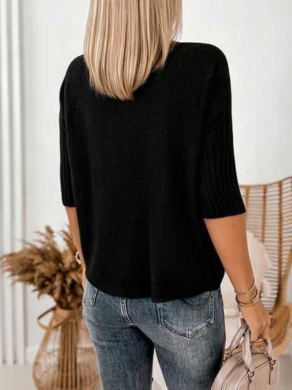 Suéter Acogedor de Canalé para Mujeres con Cuello Alto y Mangas de Codo, Estilo Relajado y Oversized