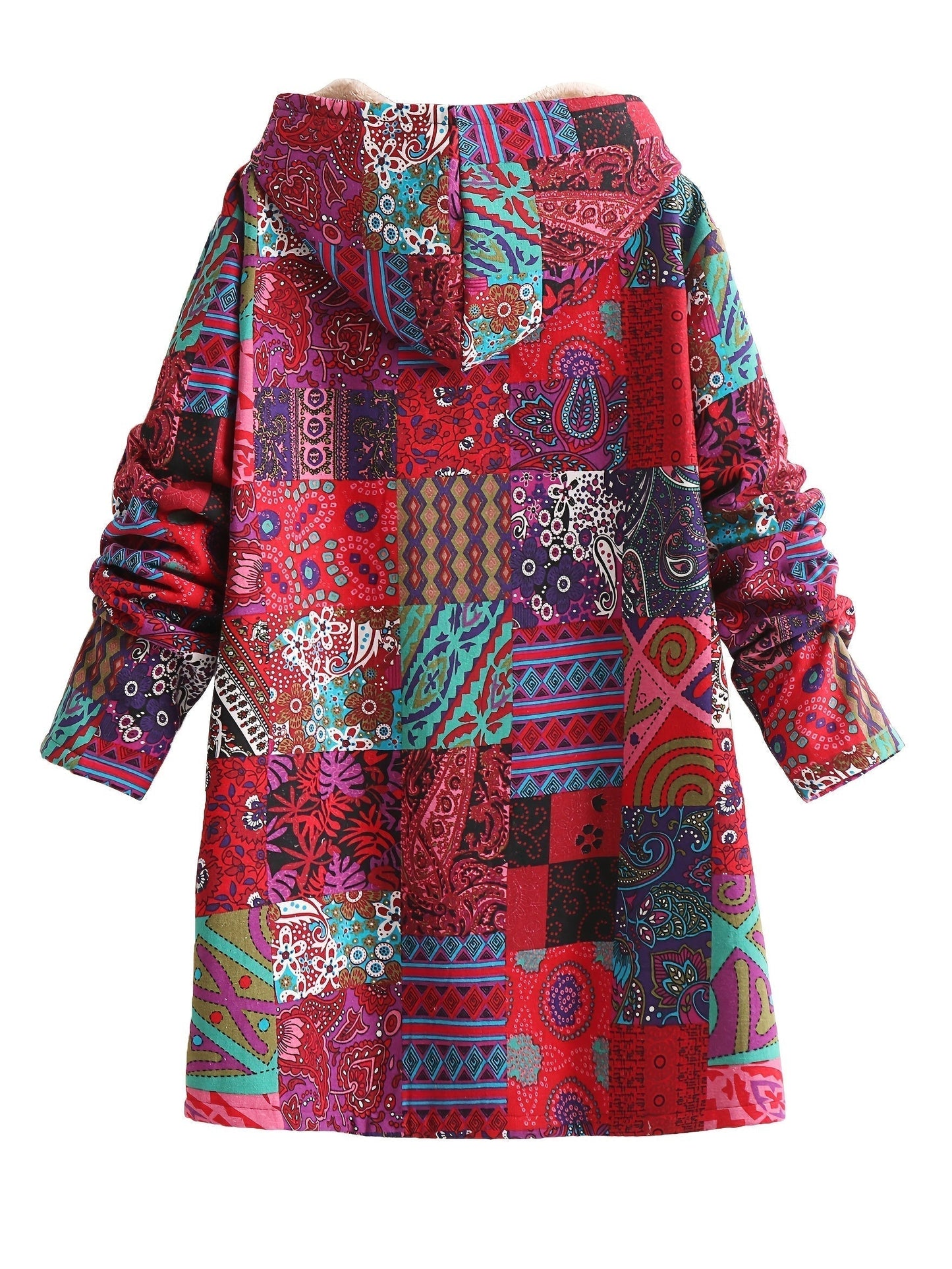 Abrigo de forro polar con estampado de patchwork sin esfuerzo para mujeres, con capucha, manga larga, frente abotonado y estilo bohemio oversized