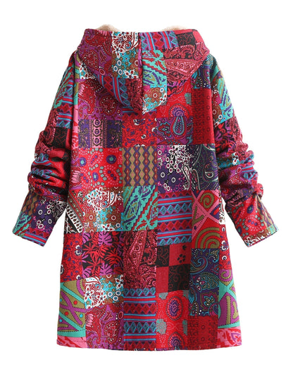 Abrigo de forro polar con estampado de patchwork sin esfuerzo para mujeres, con capucha, manga larga, frente abotonado y estilo bohemio oversized