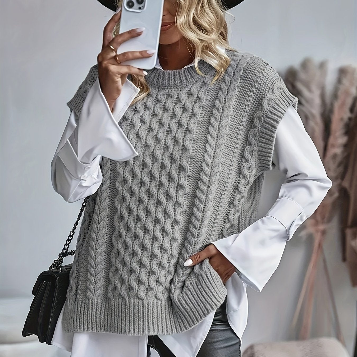 Chaleco de Punto Trenzado Cómodo para Mujeres con Cuello Redondo Sin Mangas Estilo Oversized