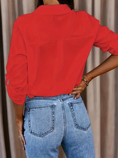 Blusa de Botón Sin Esfuerzo para Mujeres con Cuello, Manga Larga, Estilo Casual Relajado y Oversized