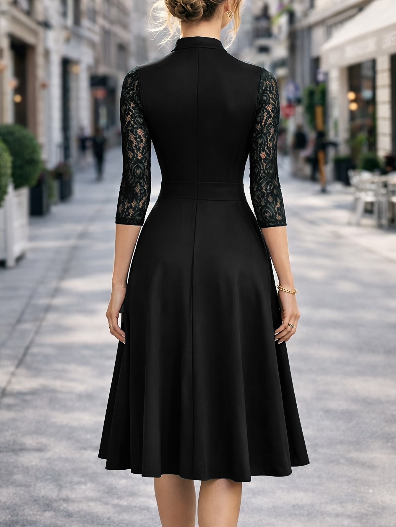 Vestido Midi Elegante con Encaje para Mujeres con Cuello en V Notch y Mangas Tres Cuartos, Estilo Fit and Flare para Cócteles