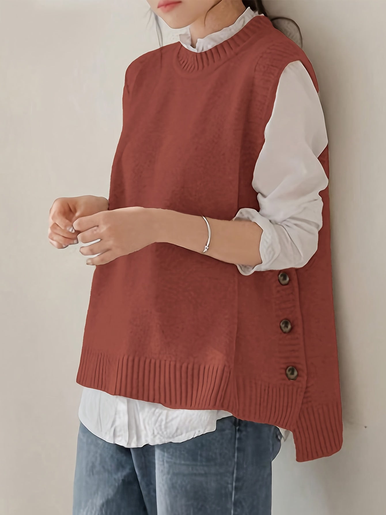 Chaleco de Punto Acanalado Cómodo para Mujeres con Cuello Alto Sin Mangas y Estilo Relajado con Botones Lateral