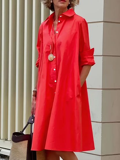 Elegante Vestido Camisa Rojo para Mujeres con Cuello, Manga Larga, Botones Frontales, Estilo A Linea Fluyente
