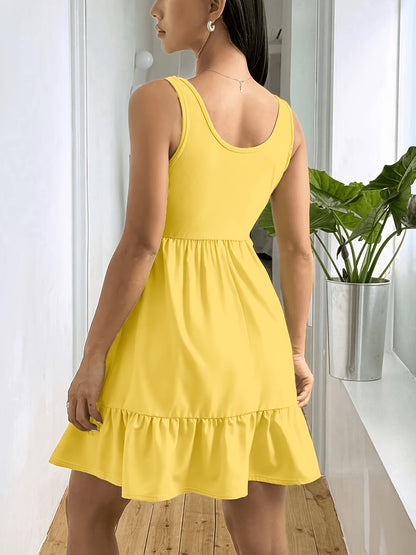 Vestido Mini Encapillado Sin Esfuerzo para Mujeres con Escote Cuadrado y Dobladillo Volante Estilo Casual