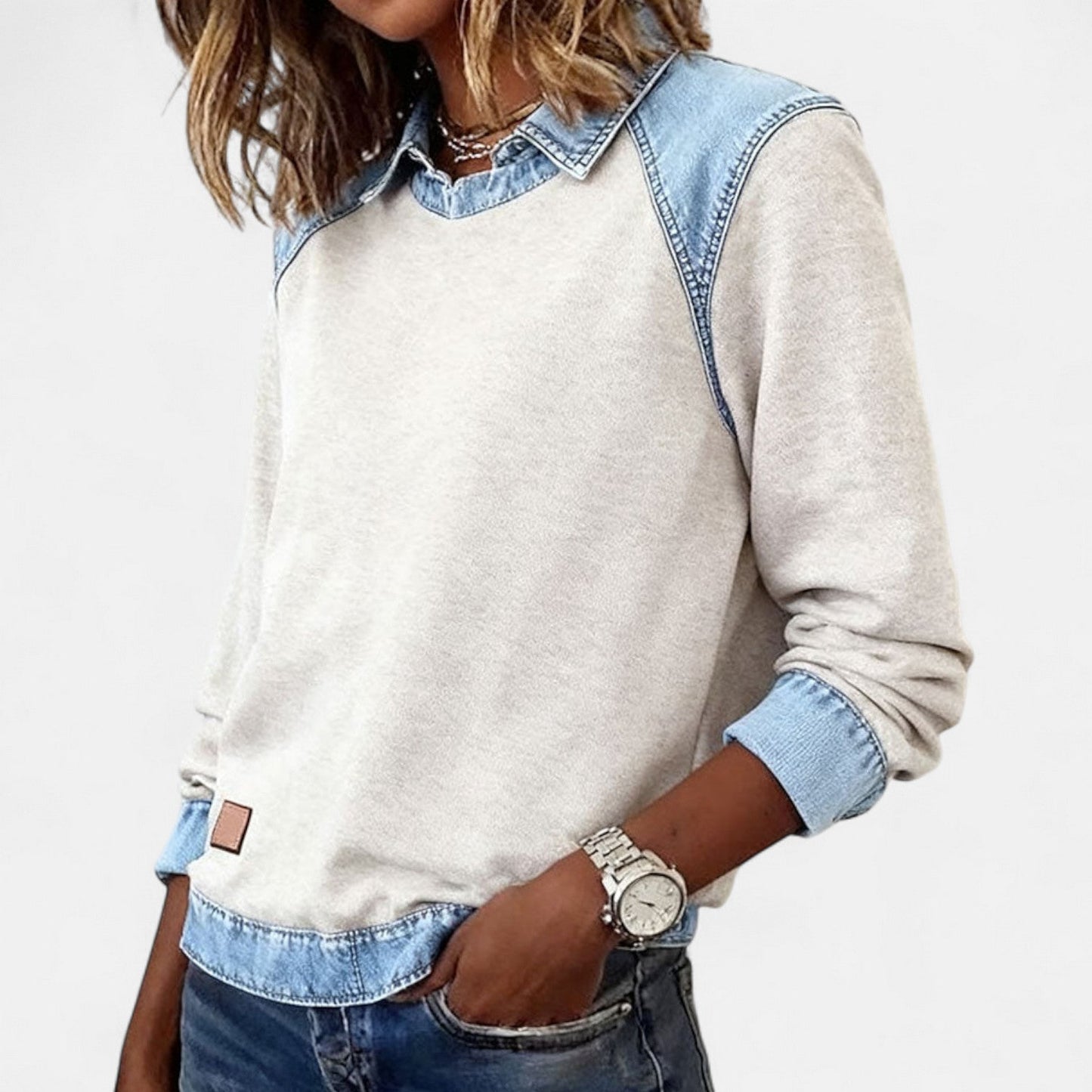 Sudadera de mezclilla color bloque sin esfuerzo para mujeres con cuello y mangas raglán largas de contraste estilo casual
