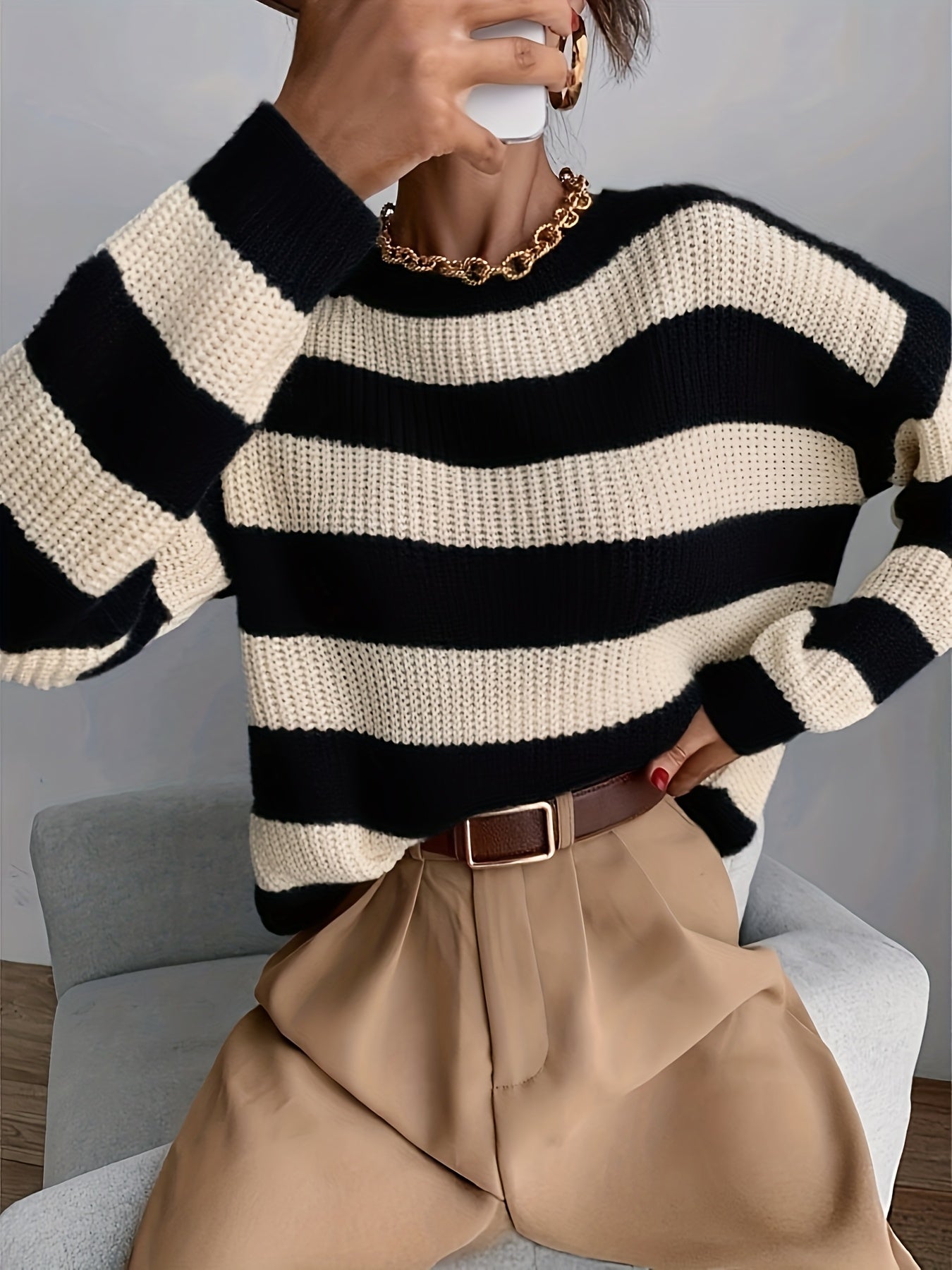 Suéter a Rayas Cómodo para Mujeres con Cuello Redondo, Manga Larga, Estilo Relajado y Oversized