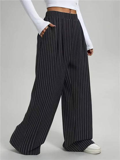 Pantalones Anchos de Rayas en Negro para Mujeres con Cintura Alta, Plisados y Estilo Relajado