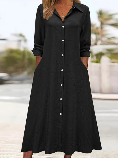 Vestido Camisa Elegante de Botones Frontal para Mujeres con Cuello y Manga Larga Estilo A Linea Fluyente